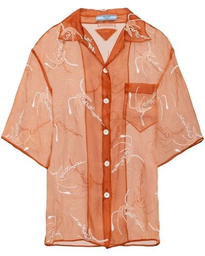 Prada Seidenhemd mit floraler Stickerei - Orange