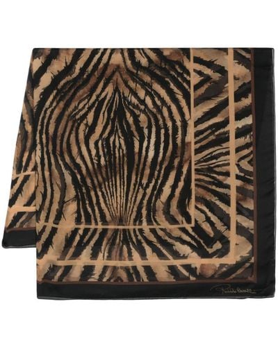 Roberto Cavalli Tiger-print silk scarf - Métallisé