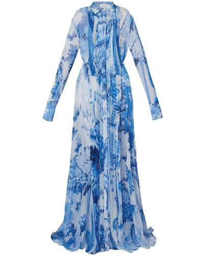 Erdem Pleated Tapestry-print Gown - Blue