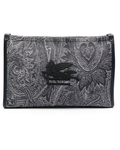 Etro Navy Blue Large Pouch With Paisley Jacquard Motif - Gray