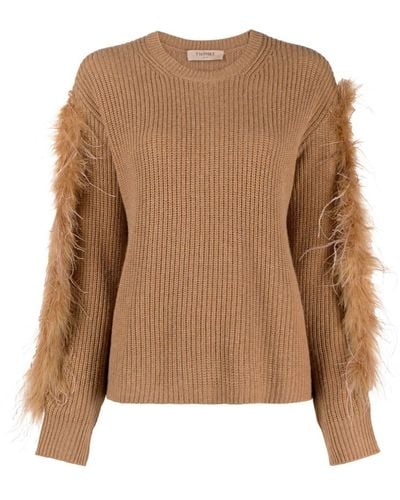 Twin Set Feather-trim Ribbed-knit Sweater - Brown