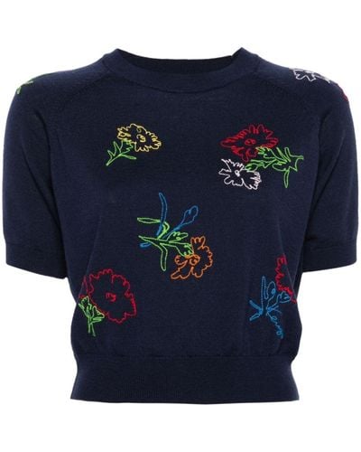 KENZO Drawn Flowers-embroidered Jumper - Blue