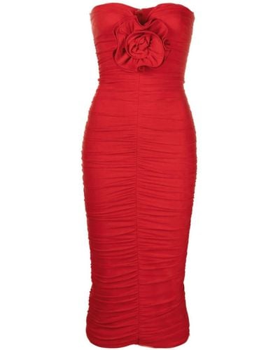 Nissa Floral-appliqué Ruched Midi Dress - Red
