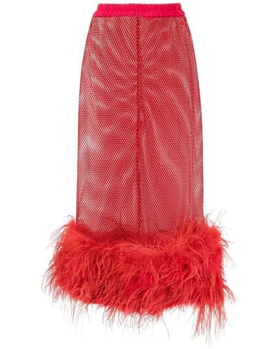 Atu Body Couture Jupe longue transparente à bordure de plumes - Rouge