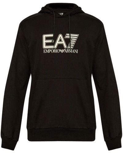 EA7 Logo-print Cotton Hoodie - Black
