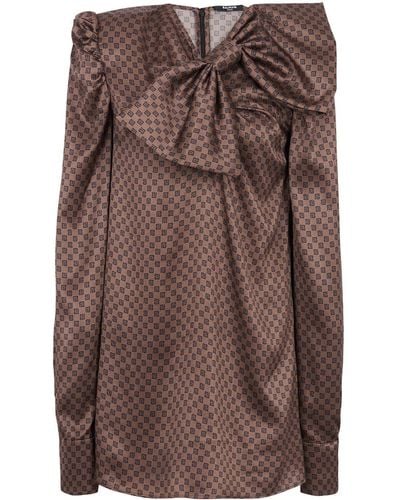 Balmain Bow-embellished Monogram-print Minidress - Brown