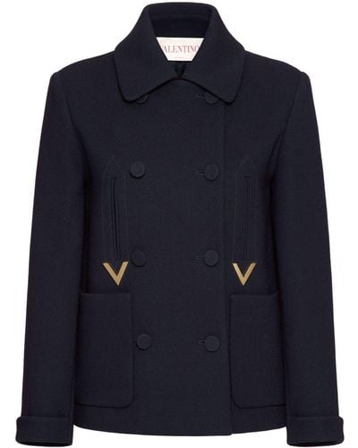 Valentino Garavani Logo-plaque Virgin Wool-blend Coat - Blue