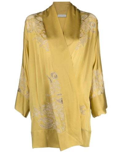 Carine Gilson Lace-panelled Short Silk Robe - Yellow