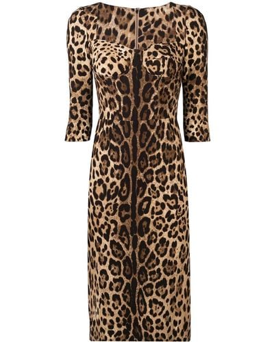 Dolce & Gabbana オフショルダーレオパードクレープドレス - ブラウン