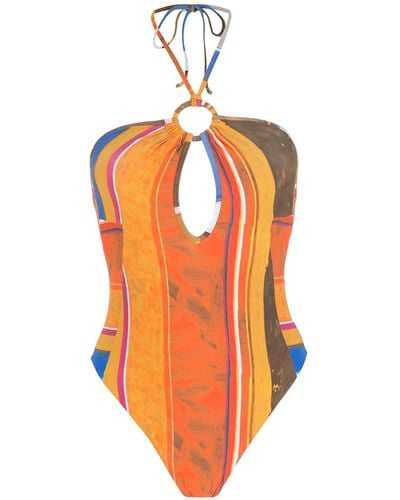 Amir Slama Striped Print Eco High-leg Swimsuit - Orange