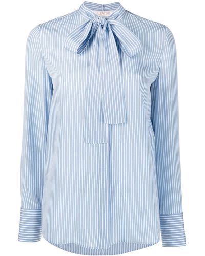 Valentino Garavani Striped Pussy-bow Silk Shirt - Blue