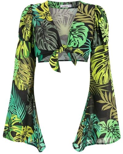 Amir Slama Tropical Print Cropped Tie Blouse - Green