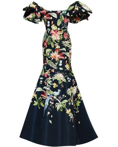 Oscar de la Renta Flora & Fauna Maxi-jurk Met Peplum Afwerking - Blauw