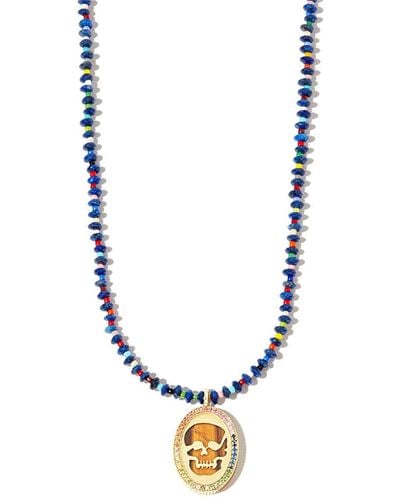 Luis Morais Perlenkette mit 14kt Gelbgold-Totenkopf - Blau