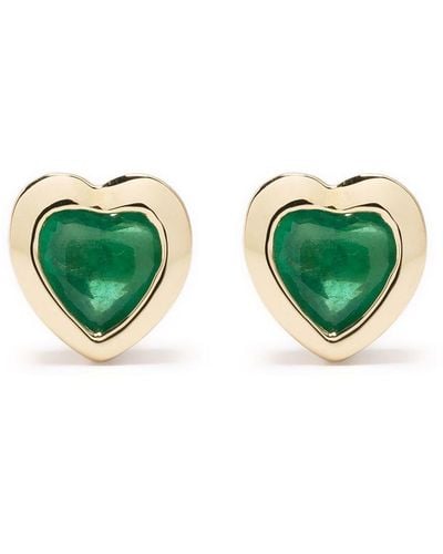 EF Collection 14kt Yellow Gold Heart Emerald Stud Earrings - Green