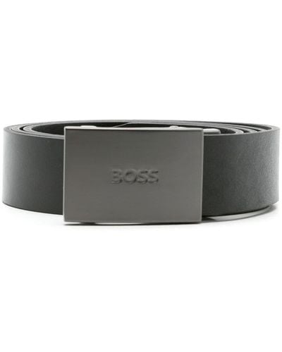 BOSS Engraved-logo Buckle Leather Belt - Grey
