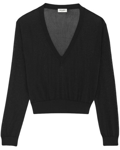 Saint Laurent Fine-knit V-neck Sweater - Black