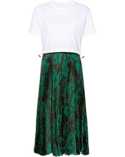 Sacai Floral-print Pleated Maxi Dress - Green