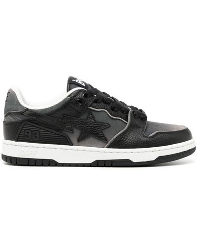 A Bathing Ape Star-appliqué Faded Leather Trainers - Black