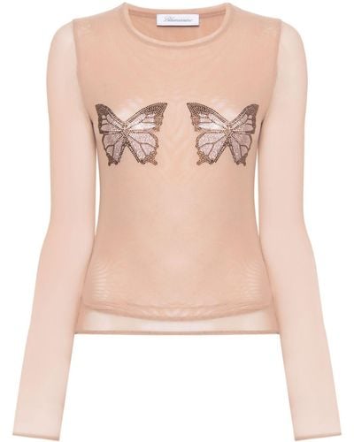 Blumarine Crystal-Butterfly Tulle T-Shirt - Pink