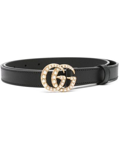 Gucci Cinturón de piel con hebilla de Doble G de perla - Negro