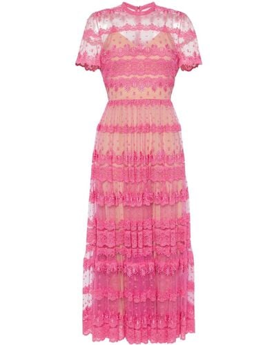 Elie Saab Embroidered Lace Midi Dress - ピンク