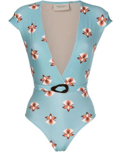 Adriana Degreas Orchid-print Belted V-neck One-piece - Blue