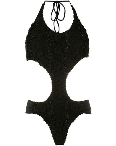 Amir Slama Floral-lace Detail Halterneck Swimsuit - Black