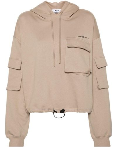 MSGM Logo-embroidered Cropped Hoodie - Natural