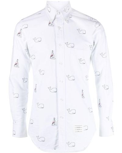 Thom Browne Embroidered Whale-pattern Shirt - White