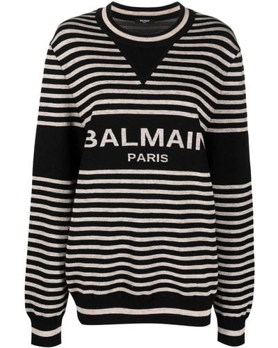 Balmain Stripe Wool & Linen Crewneck - Black
