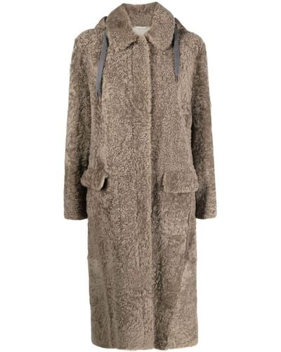 Brunello Cucinelli Manteau en peau lainée à capuche détachable - Marron