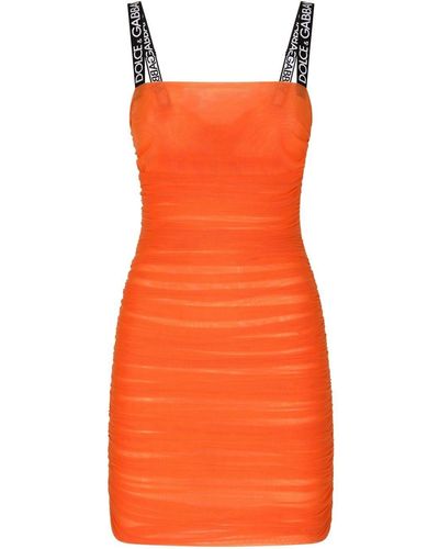 Dolce & Gabbana Logo-jacquard Ruched Tulle Dress - Orange