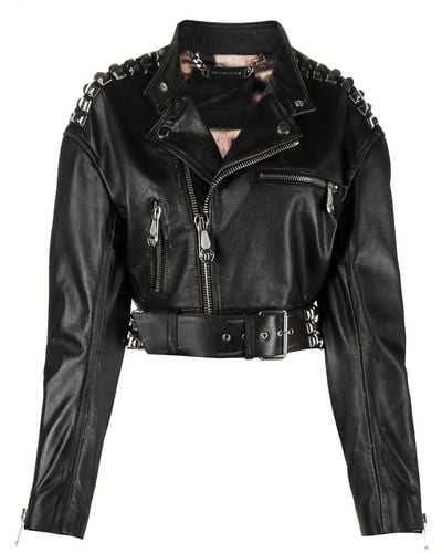 Philipp Plein Rock-stud Cropped Leather Jacket - Black