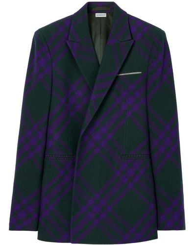 Burberry Double-breasted Plaid Wool Blazer - Blue