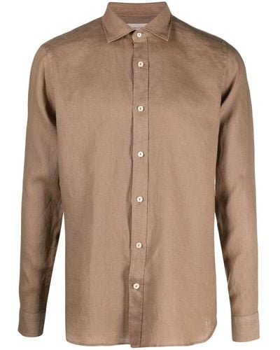 Tintoria Mattei 954 Cutaway Collar Linen Shirt - Brown