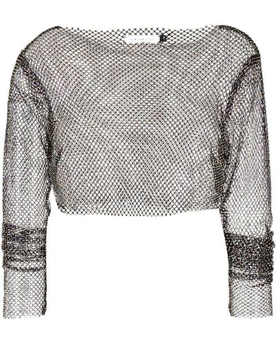 New Arrivals Crystal Mesh Long-sleeve Top - Gray
