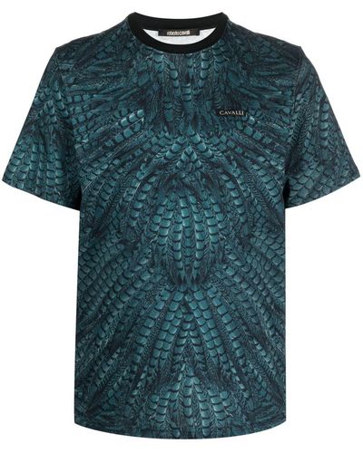 Roberto Cavalli Feather-print Cotton T-shirt - Green