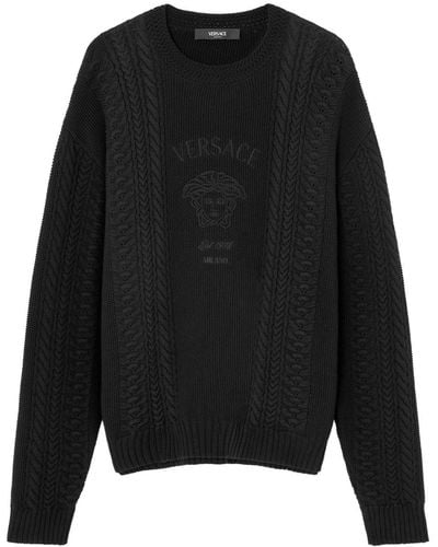 Versace Bestickter Pullover mit Zopfmuster - Schwarz