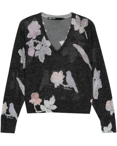 Bimba Y Lola Floral-print Lurex Sweater - Black