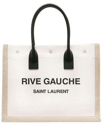 Saint Laurent Rive Gauche Kleine Tote Aus Canvas Mit Print Und Lederbesätzen - Natur