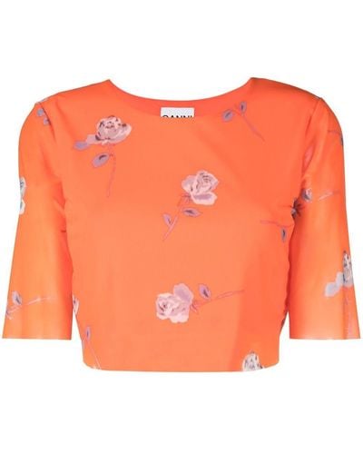 Ganni Mesh-detail Floral-print T-shirt - Orange