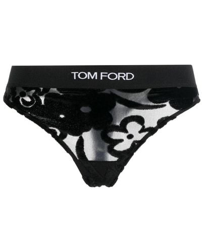 Tom Ford Floral-print Logo-waist Thong - Black