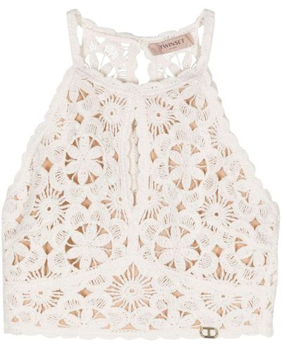 Twin Set Cropped Crochet Top - Natural