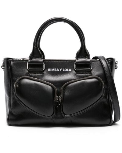 Bimba Y Lola Medium Pocket Leather Tote Bag - Black