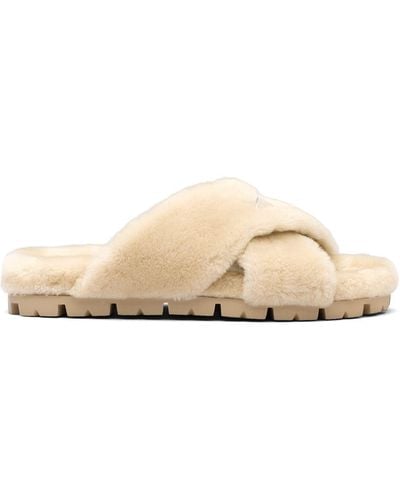 Prada Shearling Flat Sandals - Natural