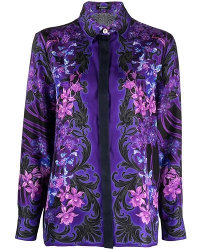 Versace Orchid Barocco-print Silk Shirt - Purple