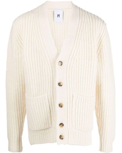 PT Torino V-neck Ribbed-knit Cardigan - Natural