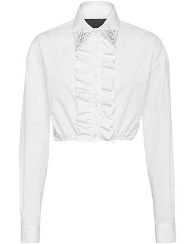 Philipp Plein Cropped Ruffled Cotton Shirt - White