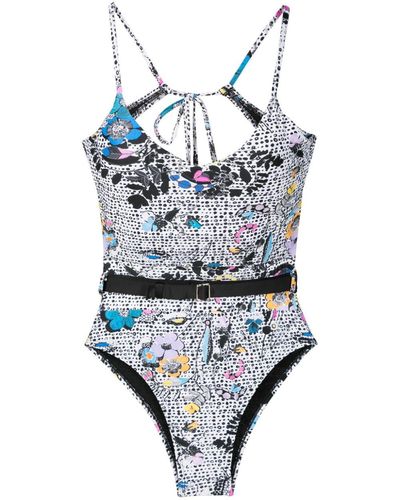 Amir Slama Floral-print Belted Swimsuit - Gray